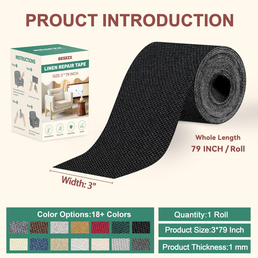 BESEZX Linen Fabric Repair Tape, 3x79 Inch Self Adhesive Repair Patches, Couch Fabric Tape for Furniture, Sofa, Chair, Upholstery.(Black)