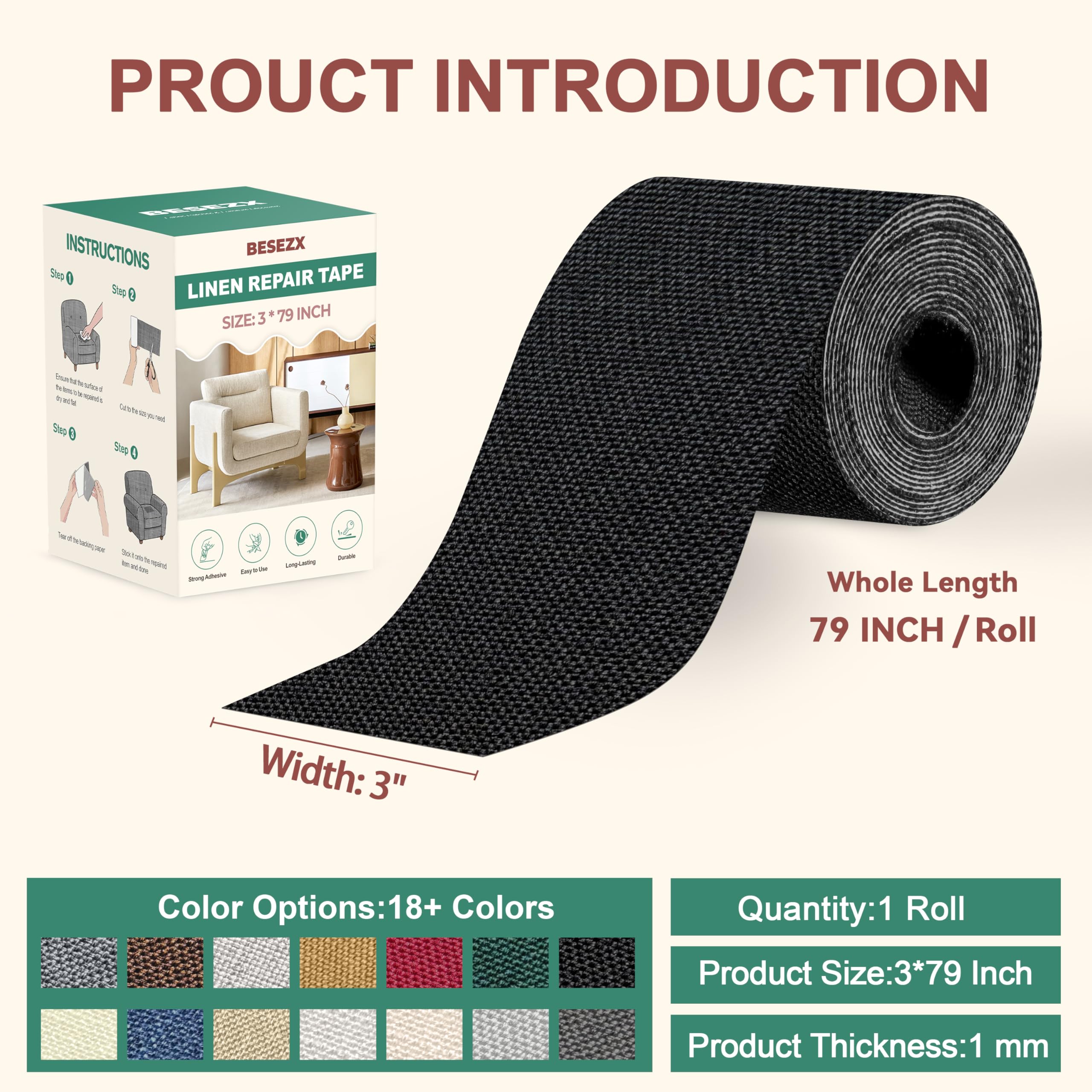 BESEZX Linen Fabric Repair Tape, 3x79 Inch Self Adhesive Repair Patches, Couch Fabric Tape for Furniture, Sofa, Chair, Upholstery.(Black)