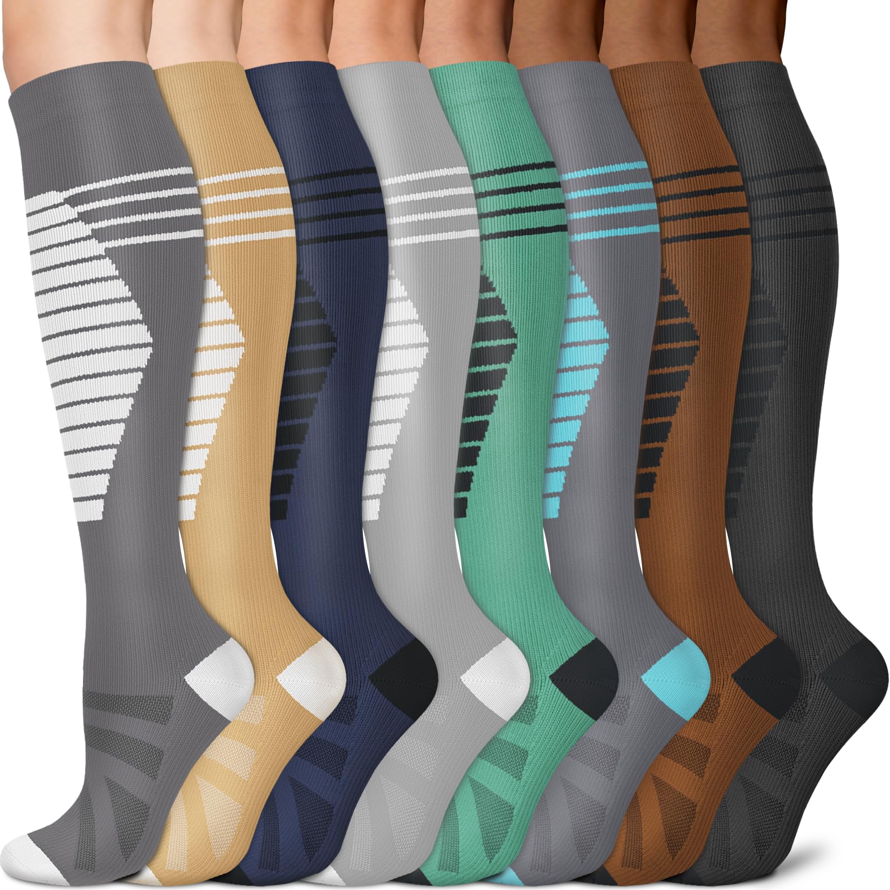 Sooverki Compression Socks for Men & Women Circulation 8 Pack 15-20mmHg - Knee High Stockings Best Support for Wide Calf Bulk Striped Running Athletic Work Travel Gifts
