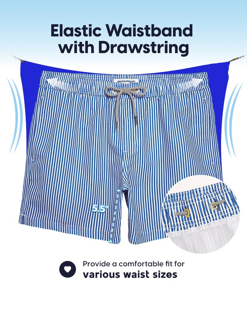 maamgic Mens Swim Trunks 5 Inch with Mesh Lining, Quick Dry Mens Bathing Suit, Swim Shorts for Swimming and Beach, Medium Blue Stripe