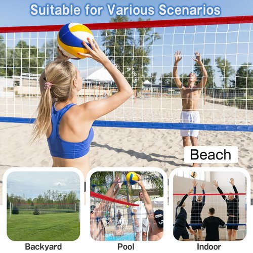 Volleyball Net Outdoor Indoor with Upgraded Weather Resistance Steel Cable Pro Volley Ball Net Replacement,Portable for Backyard,Pool,Beach,School,Official Size 32x3FT(Net Only) (Red/Blue)