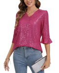 LADI TREND Sequined Tops for Women Ruffle 3/4 Sleeve Sparkly Shirts Evening Party Glitter Top Disco Cocktail Shimmer Shirts #Hot Pink,Size S#