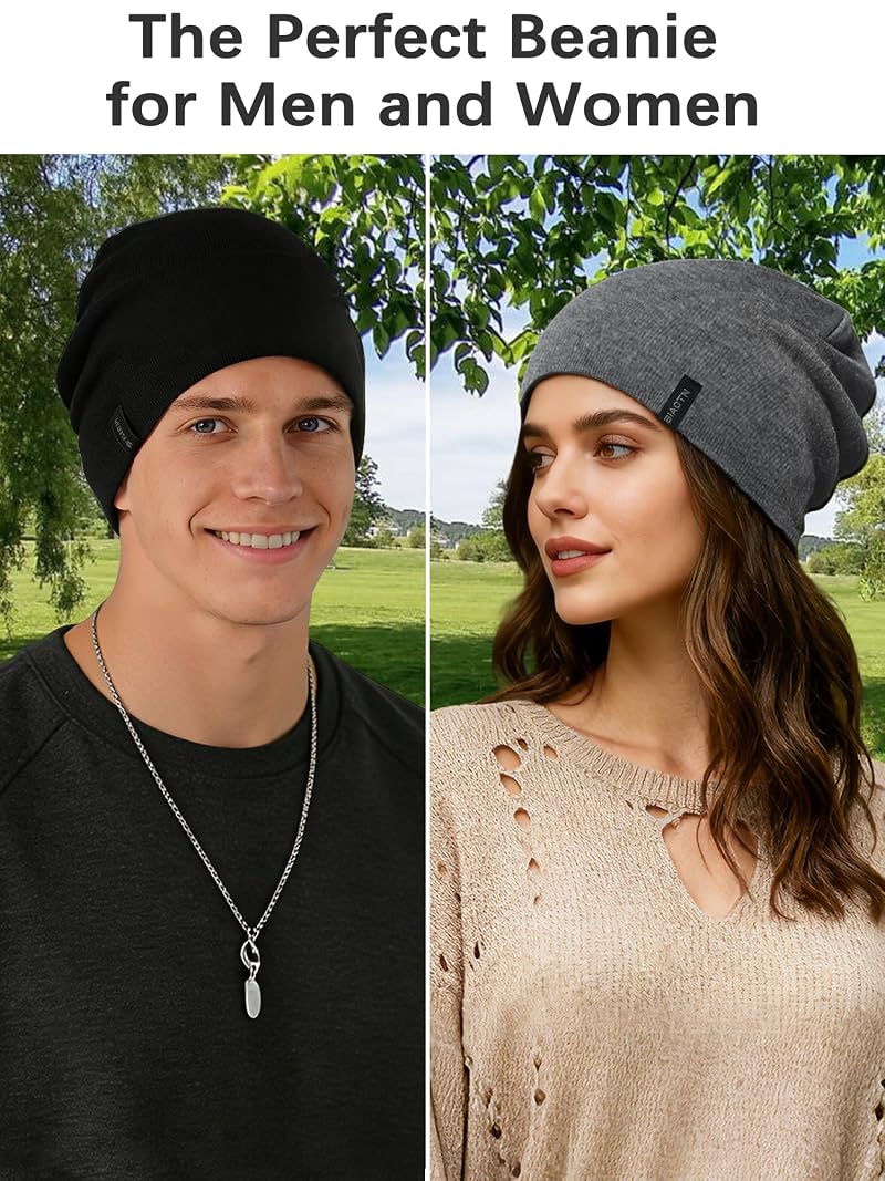 Wool Blend Beanie 2-Pack - Lightweight Slouchy Knit Hats, Black/Graphite