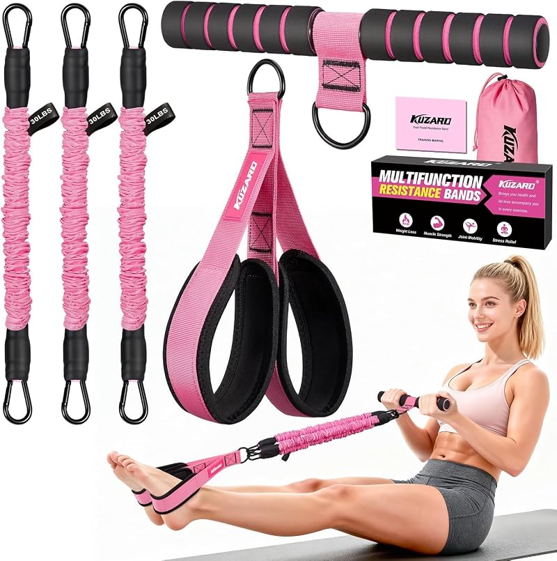 Upgraded Multifunction Pedal Resistance Band with Handle – 3 Tubes, 30-90 lb each, for Abdomen, Waist, Arms (Pink, X-Large) – Sit Up Exercise Equipment for Women