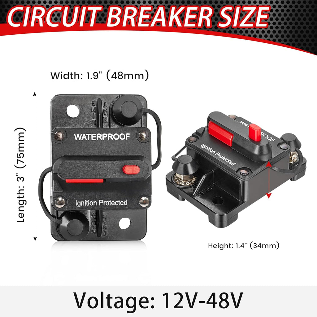 RED WOLF Waterproof 100Amp Circuit Breaker - Inline Fuse with Manual Reset for Marine & ATV 12V-48V DC