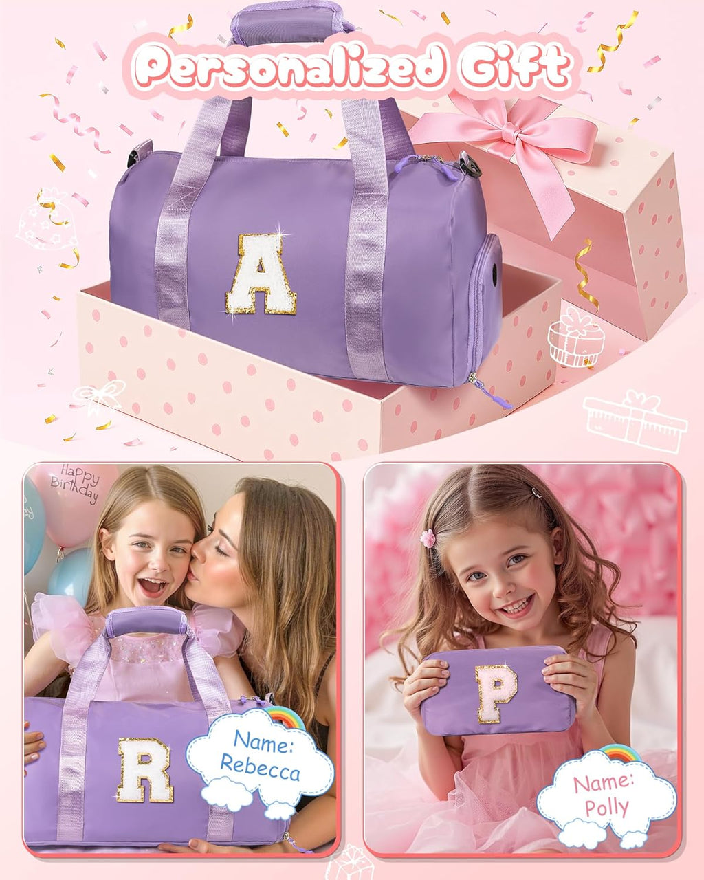Skiennix Girl Gym Bag - Personalized Weekender Tote with Shoe Compartment & Makeup Pouch | Ideal Birthday Gift for 4-Year-Olds (Letter R)