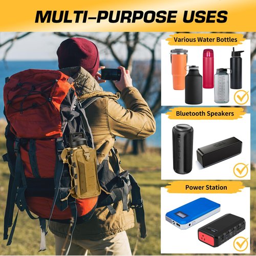 Molle Water Bottle Holder, Water Bottle Pouch Attachment for Backpack, Adjustable Multi-Purpose Tactical Bag for 16 24 32 40 64 oz Adapted to Vest Belt Brown