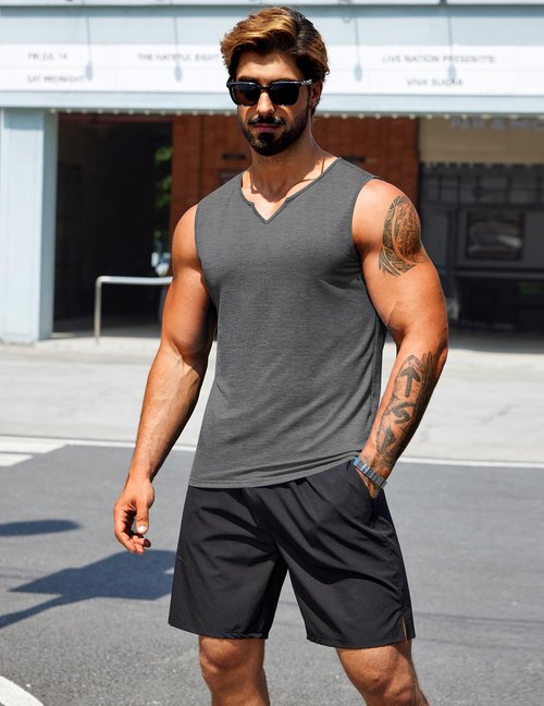 COOFANDY Men's 2 Pack Workout Tank Tops Summer V Neck Gym Muscle Tee Cotton Bodybuilding T Shirts,Black/Dark Gray,Small