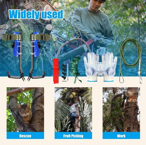 Tree Climbing Gear, Tree Climbing Spikes with Adjustable Leg Straps & Steel Core Flip Line, Triple Lock Lanyard Adjuster, Durable Climbing Spikes for Arborist Work, Fruit Harvesting (Blue)
