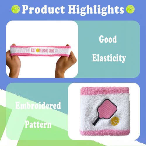 3 Pcs Pickleball Sweatband Set Men Women, Moisture Wicking Sweat Absorbent 2 Wristbands and 1 Headband for Basketball Tennis, Great Gift for Sports