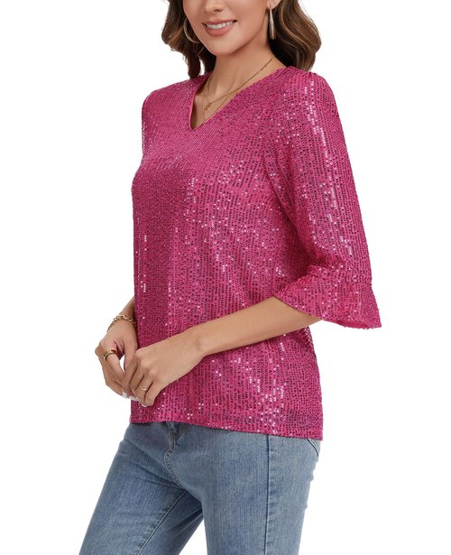 LADI TREND Sequined Tops for Women Ruffle 3/4 Sleeve Sparkly Shirts Evening Party Glitter Top Disco Cocktail Shimmer Shirts #Hot Pink,Size S#