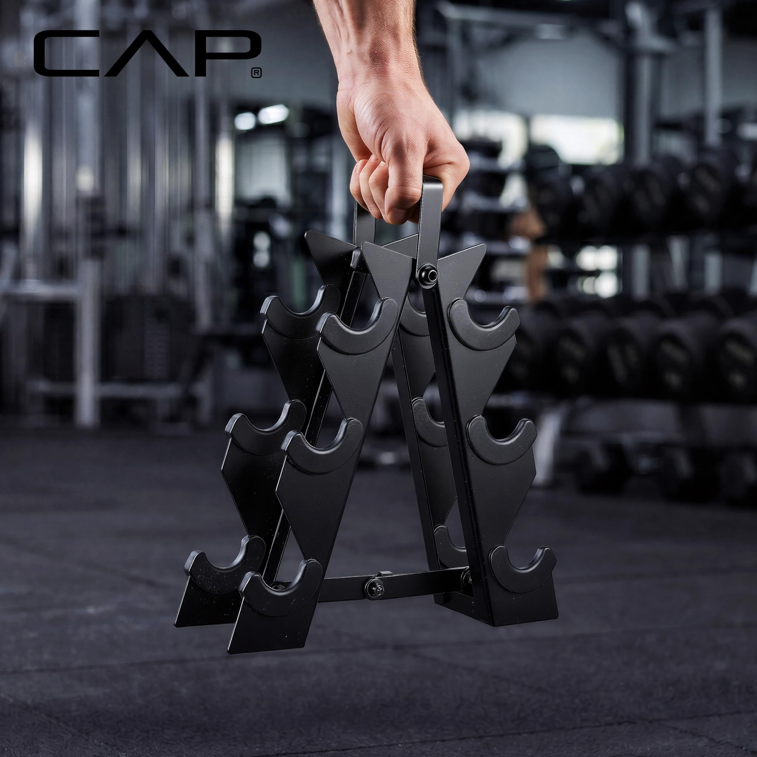 CAP Barbell 60 lb Neoprene Hex Dumbbell Weight Set with a Vertical A-Frame Rack - Black