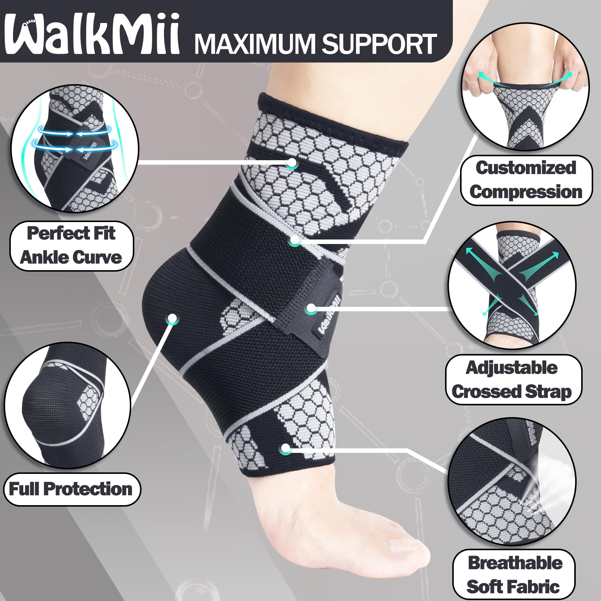 WalkMii Ankle Compression Sleeves (1 Pair)-Ankle Brace for Achilles Tendonitis, Sprain, Pain Relief, Plantar Fasciitis Ankle Support Socks with Adjustable Strap for Women & Men-L