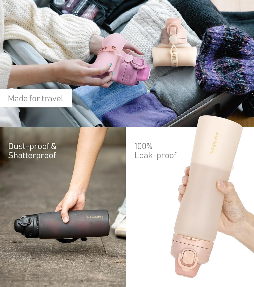 TakeToday Collapsible Water Bottle - 21oz Foldable Platinum Silicone with Straw & Carry Strap | BPA-Free, Leak-Resistant