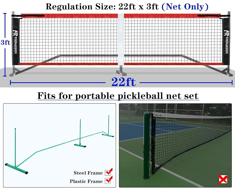 Hoverphenix 22x3ft Pickleball Net Replacement - Black & Red, Outdoor/Indoor
