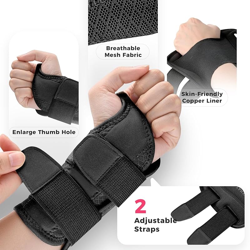 Copper Compression Wrist Brace - Adjustable Copper Infused Support for Carpal Tunnel, Arthritis, Tendinitis, Right Hand, S/M, Black