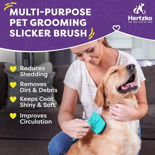Hertzko Dog Brush - Self-Cleaning Slicker Brush for Shedding | Gently Removes Loose Hair & Tangles - Aqua