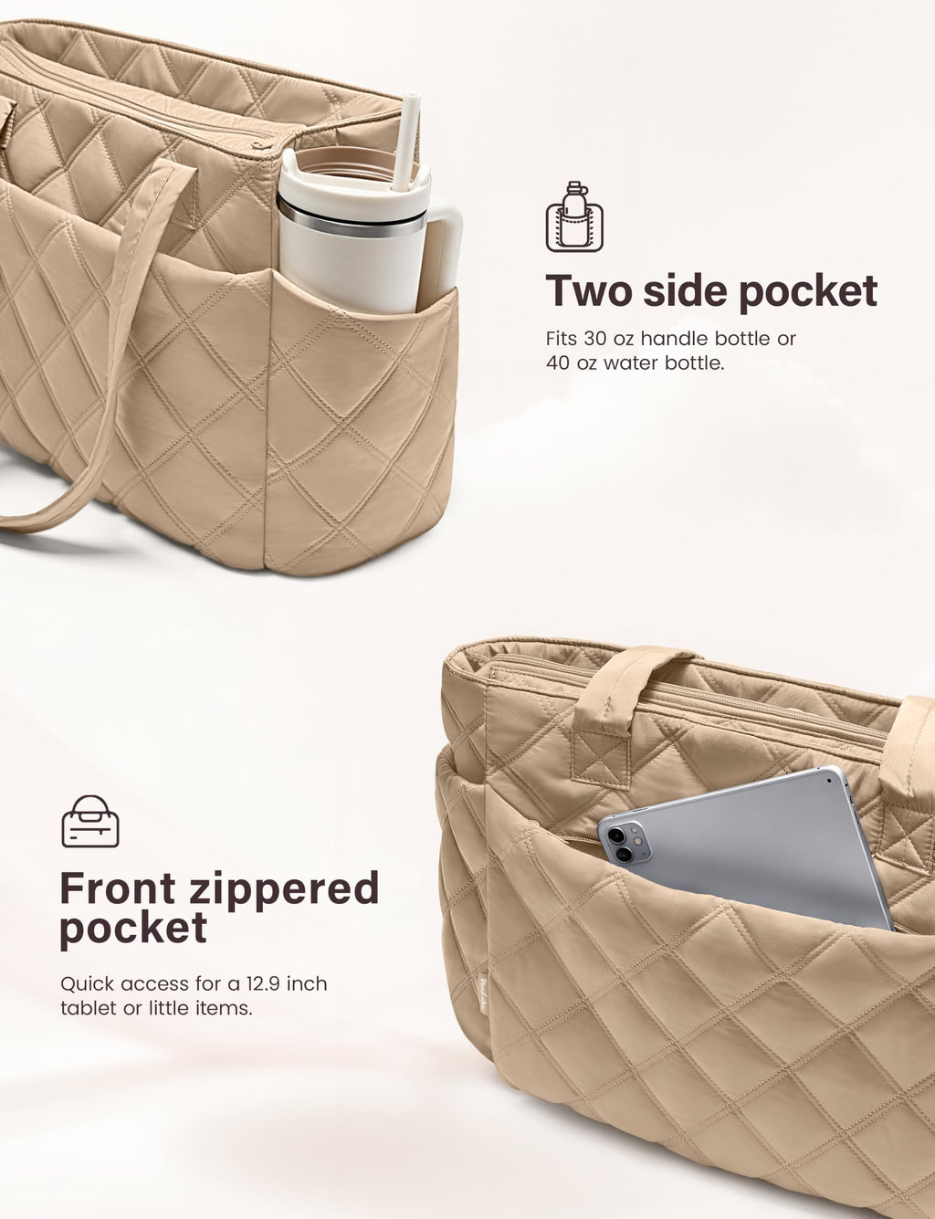 Uselike Tote Bag for Women, Lightweight Puffer Tote Work Bags with Compartments for Travel, Quilted Shoulder Bag with Zipper (Light Khaki)