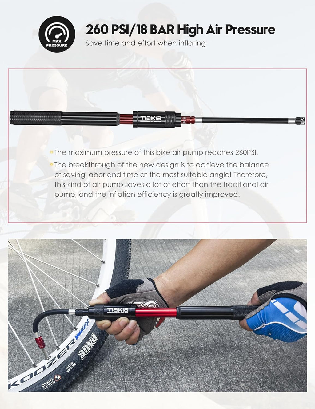 Tiakia Mini Bike Pump - Portable 260PSI High-Pressure Air Hand Pump for Presta & Schrader Valves | Aluminum Alloy Tire Pump for Road & Mountain Bikes