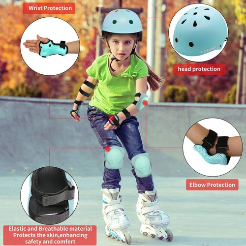 CELOID Kids Helmet Pad Set,Adjustable Kids Skateboard Bike Helmet Knee & Elbow Pads Wrist Guards 8-14yrs Youth Protective Gear Set for Girls Boys Bicycle Bike Roller Skating Scooter Rollerblade Sport