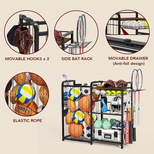 Homsorout Sports Equipment Organizer - Large Capacity Ball Storage with Hooks & Baskets for Garage