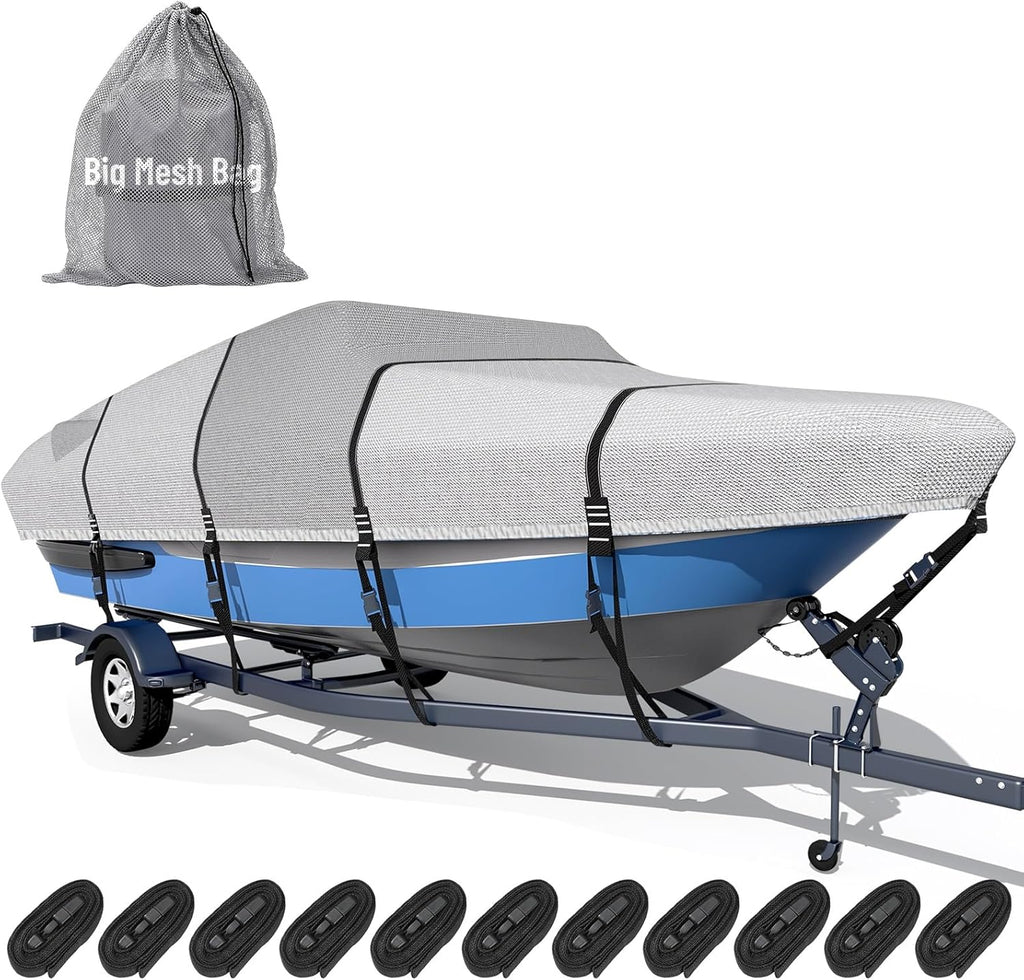 Ultra Durable 1600D + 1200D Boat Cover - Waterproof Protection for 16-18.5ft Tri-Hull & V-Hull Boats | Includes Storage Bag