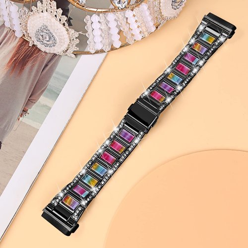 Feigand Bling Resin Bands Compatible with Fitbit Versa 4/Sense 2/Versa 3/Sense, Shinny Metal Bracelet Straps Luxurious Rhinestone Replacement Wristband for Women (Rose Gold)