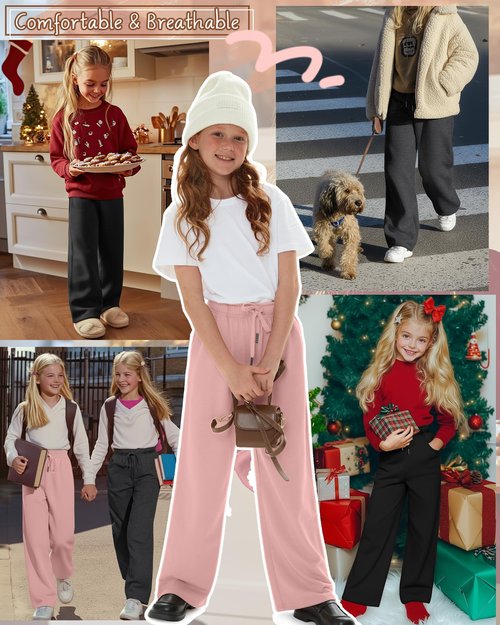 LessonZoo 3 Pack Girls' Sweatpants Wide Leg Drawstring Casual Kids Joggers Open Bottom Loose Solid Teen Pants with Pockets(Light Pink, Dark Gray, Black,Large)