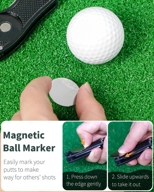 GreenHaven 4 Pack Foldable Golf Divot Repair Tool with Magnetic Ball Marker and Pop-up Button Green Tool Accessories with Metal Fork Tine and Metal Handle for Golfers，Blue&Black&red