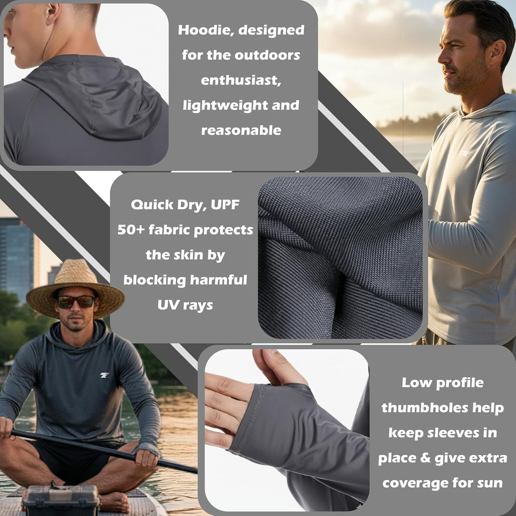 TELALEO Men's UPF 50+ Sun Protection Hoodie - Lightweight Long Sleeve SPF UV Shirt for Fishing & Running