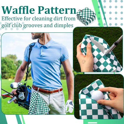 SmoothNovelty 12 Pcs Golf Towels Bulk for Bags Microfiber Waffle Pattern Golf Towel with Clip 16'' x 16'', Ultra Absorbent Quick-Dry, Mini Tournament Yoga Fitness Men's Gifts(Emerald Green)