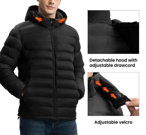 Gopune Men's Lightweight Puffer Jacket Detachable Hooded Water Resistant Puffy Winter Down Jackets for Snow Ski Travel,Black 3XL