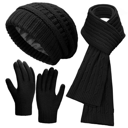 Ultrafun Womens Winter Beanie Hat Scarf Gloves Set, Satin Lined Slouchy Beanie Knit Scarf Touchscreen Gloves, Warm 3 Gift Set (Black)
