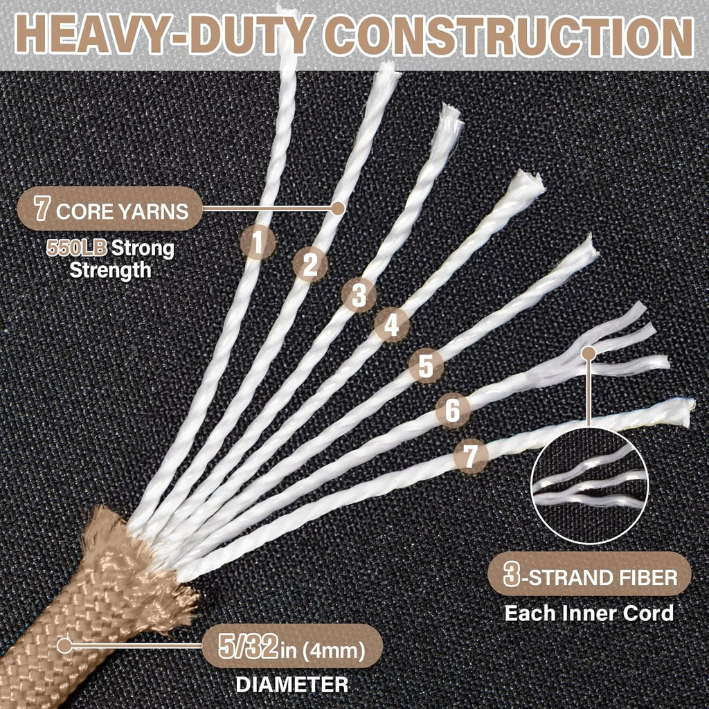 Paracord 550 lb - 200ft Heavy Duty 7-Strand Parachute Cord | Versatile Khaki Survival & Camping Gear