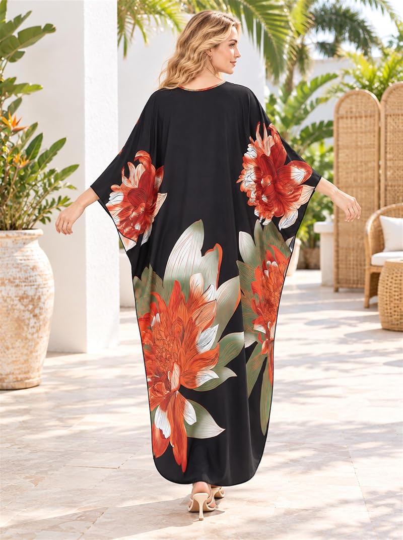 Plus Size Kaftan Dress for Women - V-Neck Batwing Beach Cover Up, Orange & Green Peony