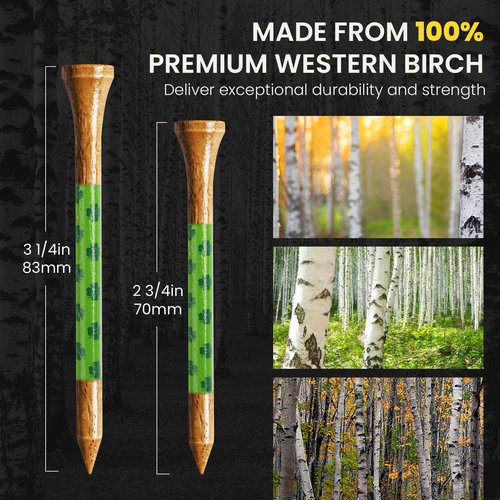 Amy Sport Golf Tees Western Birch Wood 5X More Durable 5X Stronger Value 50 Pack 1 1/2 2 3/4 3 1/4 Inch, Reduce Friction Wooden Long-Lasting, Spin Tall Sturdy Base for Stability (Clover, 3 1/4 Inch)