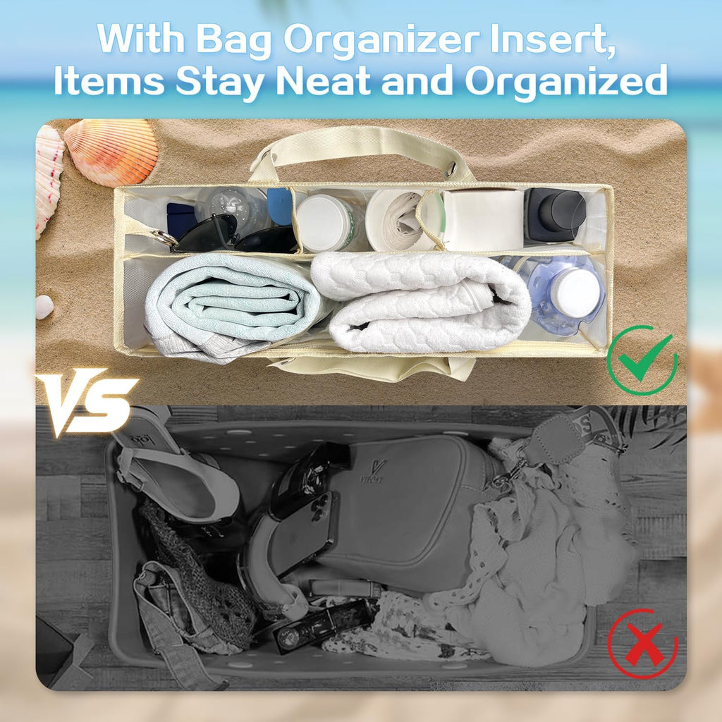 XYFuuee Beach Bag Organizer - Lightweight Mesh Insert with 8 Removable Fasteners | Khaki Medium Bogg Bag Accessory