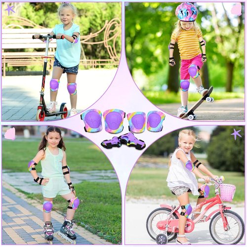 FIODAY Kids Knee Pads - Adjustable Knee, Elbow & Wrist Guards for Roller Skating | Rainbow Mermaid, 3-8 Years