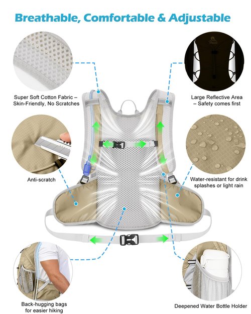 Hydration Backpack with 2L Water Bladder - Lightweight 15L Daypack with Phone-Sized Hip Belt Pockets, Anti-Chafe Cotton Edging & No-Bounce Straps - Small Water Backpack for Hiking, Running, Skiing