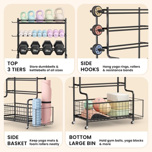 LERUJIFL Dumbbell Rack, Weight Rack for Home Gym, Weight Stand for Dumbbells Kettlebells Yoga Mat and Balls, All in One Home Gym Storage with Universal Wheels and Hooks, Workout Storage for Yoga(Metal)