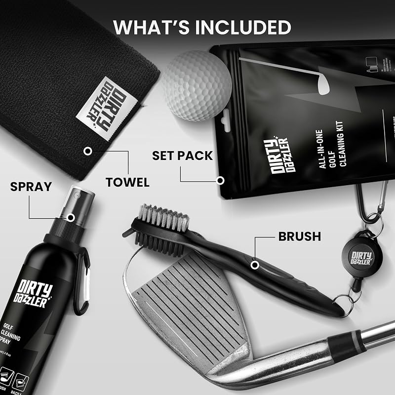Golf Club Cleaning Kit with Groove Cleaner Tool, Brush, Towel & Spray – 4 Oz