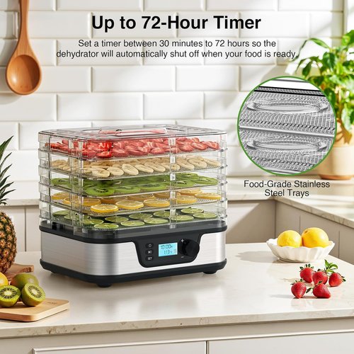 Electactic Food Dehydrator - 5 BPA-Free Stainless Steel Trays | Adjustable Temp & 72H Timer for Jerky, Fruits, Veggies