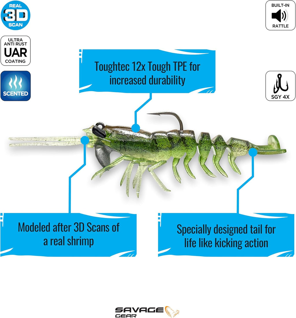 Savage Gear Manic Shrimp RTF V2 - Realistic Fishing Lure for Freshwater & Saltwater | 3.5 Inch, Natural Color