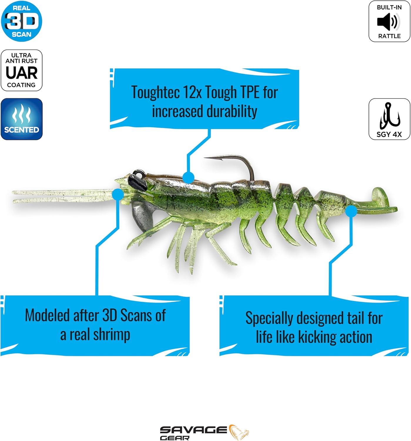Savage Gear Manic Shrimp RTF V2 - Realistic Fishing Lure for Freshwater & Saltwater | 3.5 Inch, Natural Color