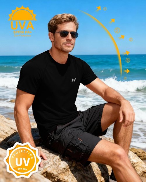 Isnowood UPF 50+ Swim Shirts for Men - Quick Dry Short Sleeve Rash Guard | Athletic Beachwear