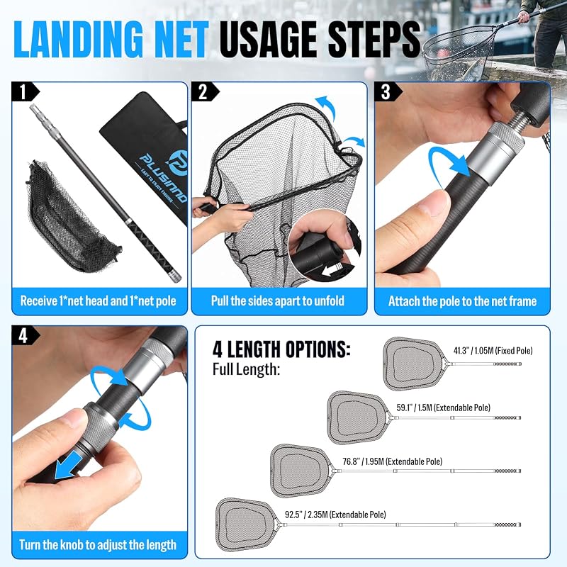 PLUSINNO 3.4 Ft Fixed Telescoping Fishing Net, Large Landing Net for Bass Trout Kayak Fishing