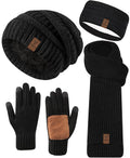 Women Beanie Scarf Gloves Headband Set, Winter Fleece Lined Hat Ear Warmer Knit Scarf Women Gloves Gift Set 4 in 1