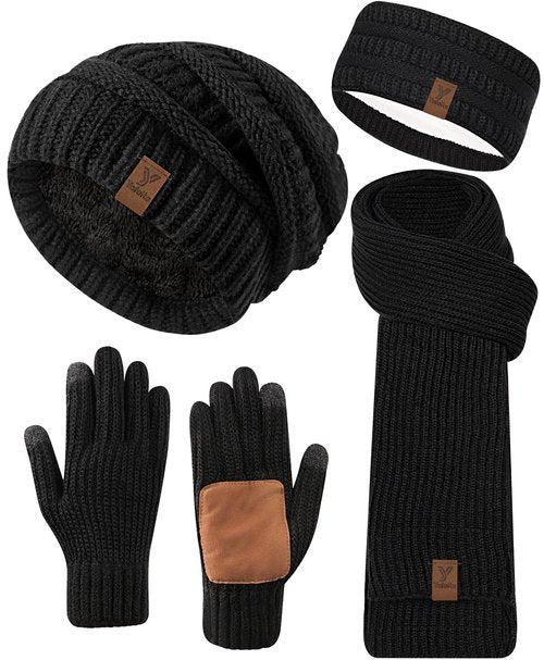 Women Beanie Scarf Gloves Headband Set, Winter Fleece Lined Hat Ear Warmer Knit Scarf Women Gloves Gift Set 4 in 1