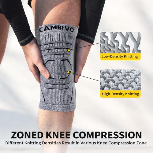 CAMBIVO Knee Brace for Women & Men, 2 Pack Lightweight Latex Free Knee Compression Sleeves with Side Stabilizers for Knee Pain Relief, Running, Walking, Workout & Daily Support (Gray, Large)
