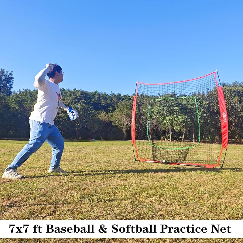Red 7x7ft Baseball Net - Pop-Up Frame Pitching & Hitting Practice Net